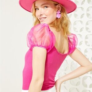 *HP!* Altar’d State Galle Hot Pink Ribbed Bodysuit with Puff Sleeves, S